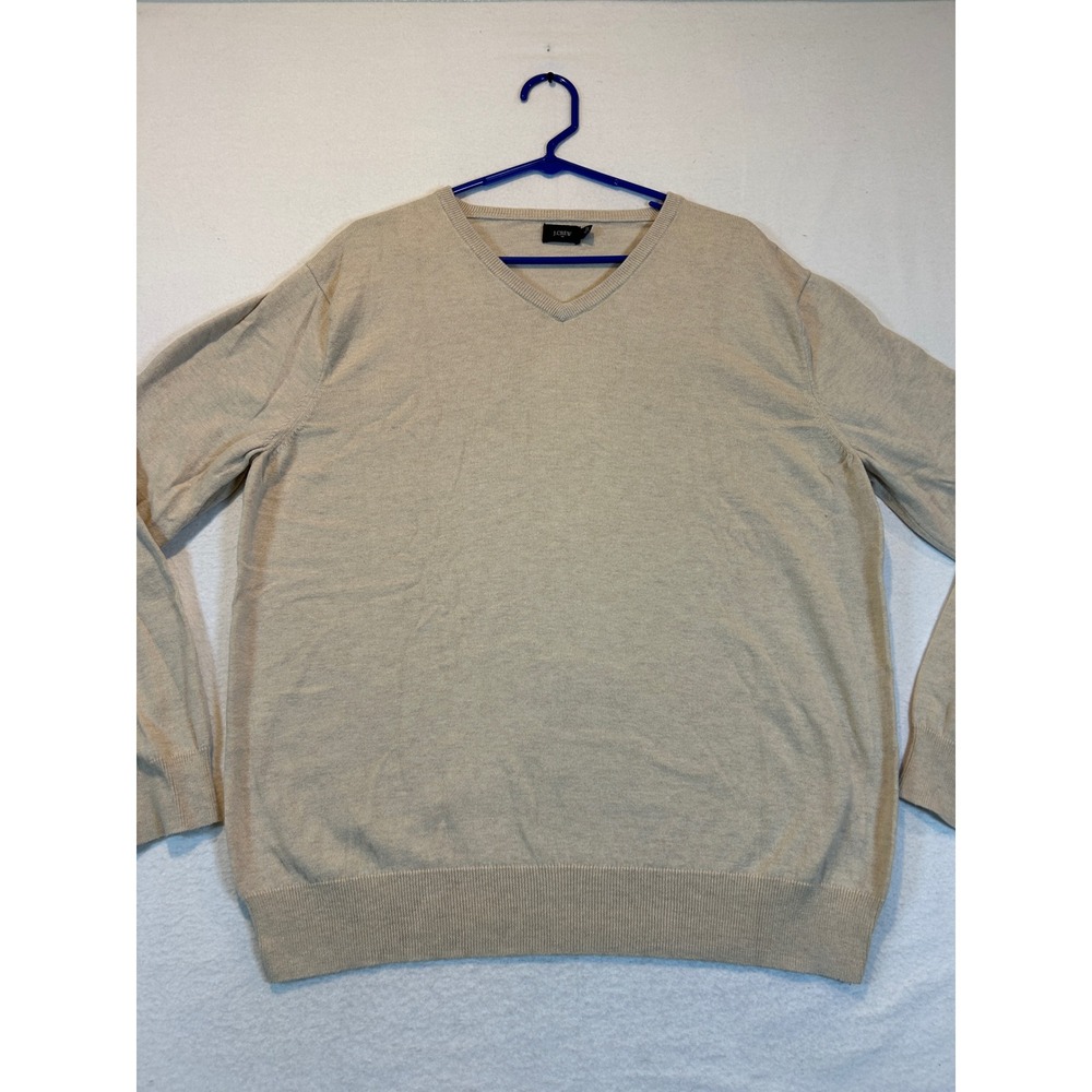 J.Crew Mens XL Merino Wool Blend V-Neck Sweater Tan Beige Long Sleeve Knit